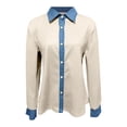 thumbnail image 4 of Summer Tops, Duoif Women's Denim Patchwork Button Down, Long Sleeve Casual Shirts for Women Beige L, 4 of 4