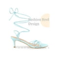 thumbnail image 3 of BLISSFUL STEP Women's Heels Knot Lace Up Strappy Square Toe Kitten Heel Sandals  Light Blue 6, 3 of 5