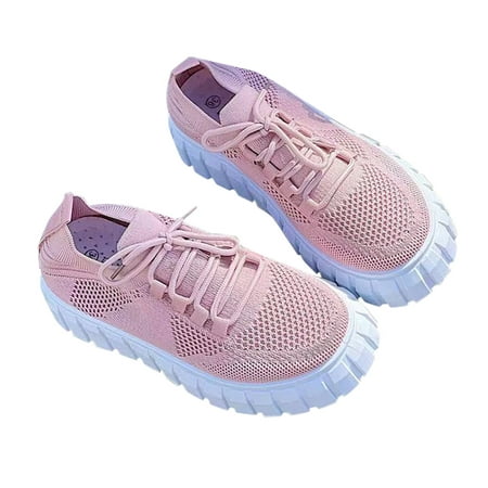 

Kukoosong Womens Comfort Shoes Flying Woven Round Toe Low-Top Breathable Shoes Lace-Up Thick Bottom Mesh Sneakers Flat Shoes Women Pink 40