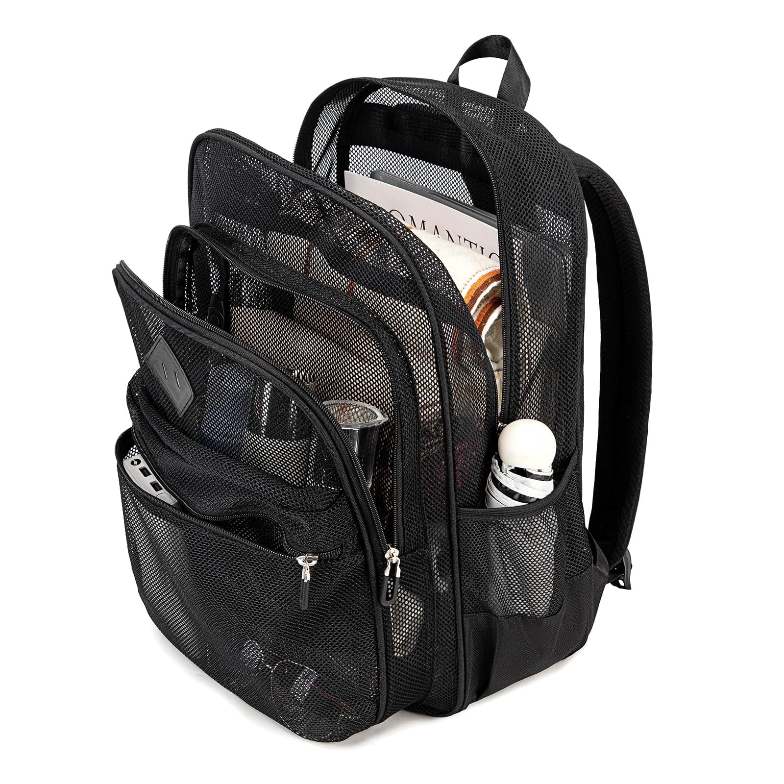 Soda Candy Mesh Backpack Heavy Duty See Through School Backpacks Transparent Bookbag Semi-Transparent Net Book Bags for Swimming, Beach, Sports, Work, Travel, Black