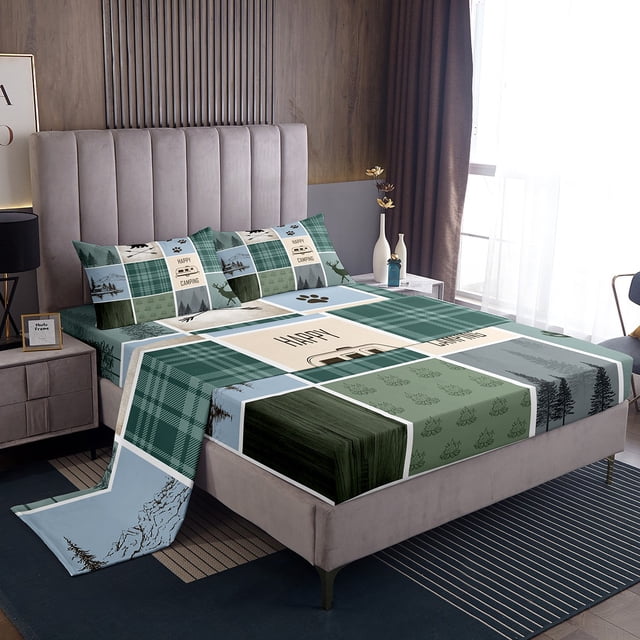 Erosebridal Animal Deer Sheet Set Twin,Happy Camping Bedding Sets Twin Size,Geometric Buffalo Decor,Breathable,3pcs