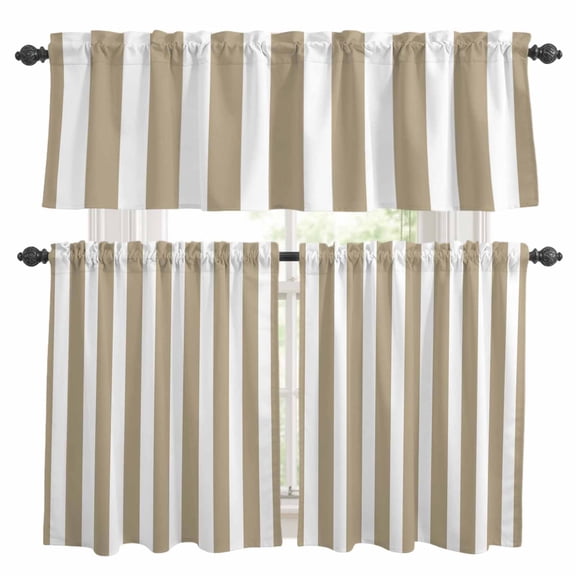 Beige Striped Kitchen Curtains Sets for Windows 36 Inch Length, Modern Farmhouse Beige White Stripes Rod Pocket Window Treatments Tier Curtains and Valances Set for Bedroom/Bathroom