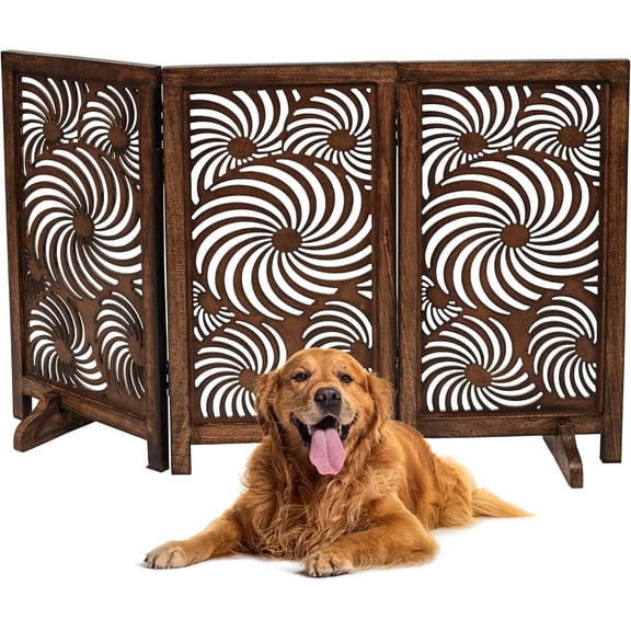 Freestanding Wooden Dog Gate, 48” Wide Foldable 3-Panel Pet Gate with Sunflower Design for Stairs & Doorways, Burnt Finish