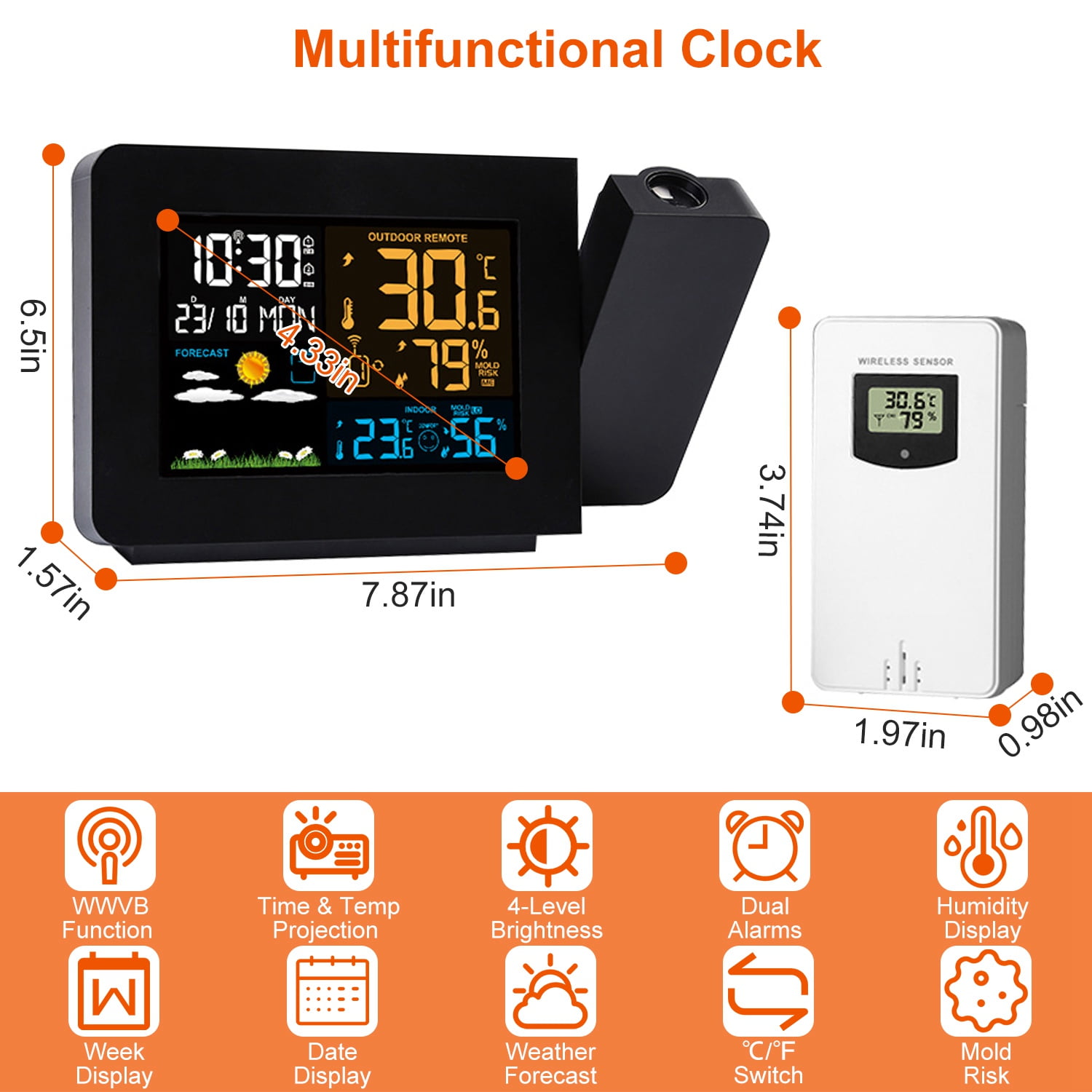 Moclever Multi-functional Projection Alarm Clock Atomic Projection Alarm Clock Electronic Digital Clock Radio Control Clock