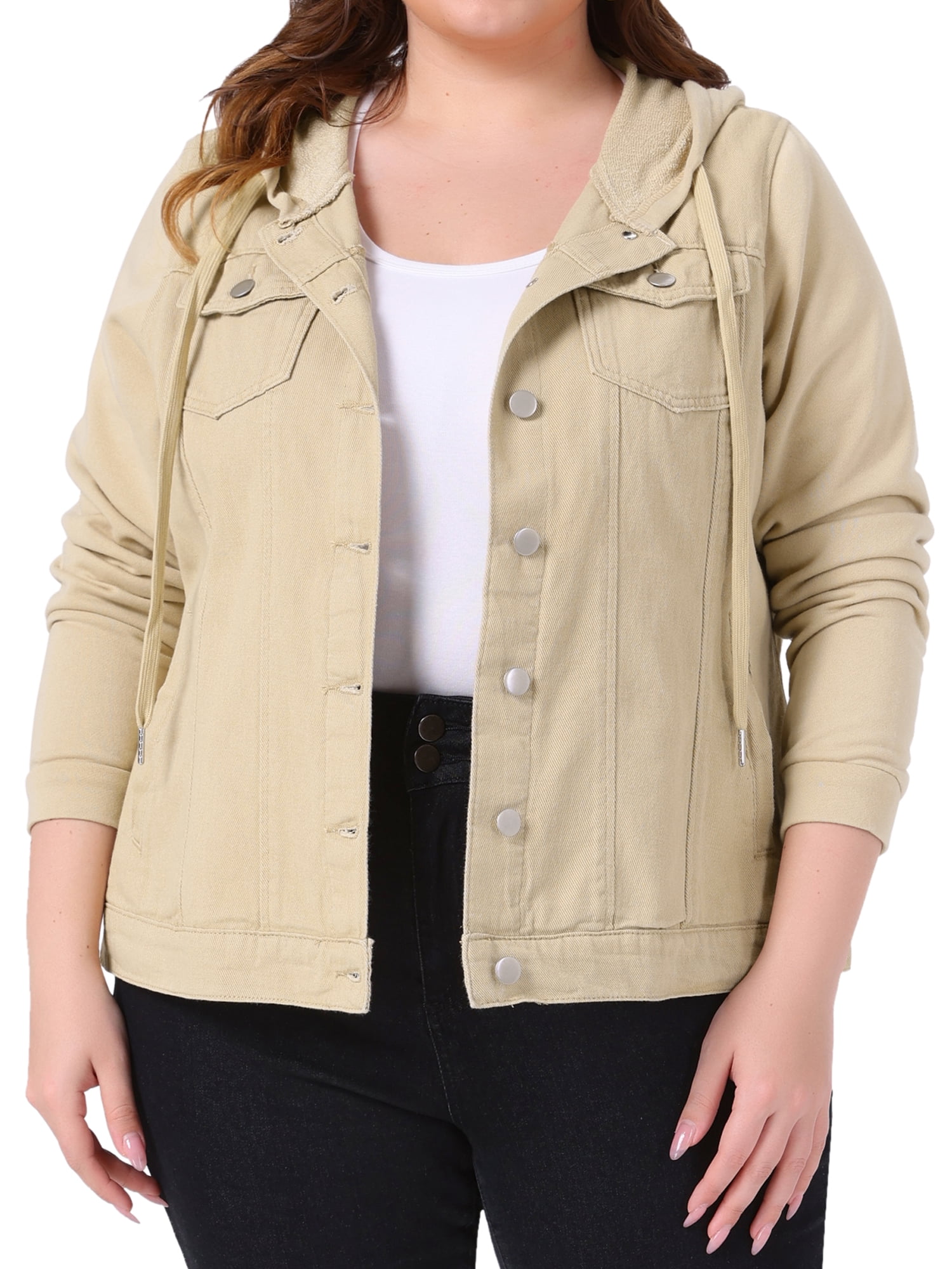 DARING DIVA Women's Plus Size Hood Long Sleeve Hoodie Jean Jacket 1X Khaki