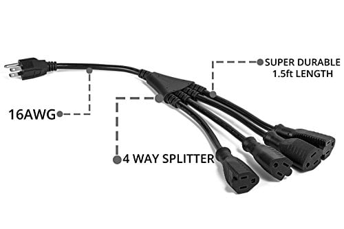 3 Prong Double Outlet Power Cord 2 Way Splitter Extension Cord 16 AWG 1 Foot Black by ClearMax