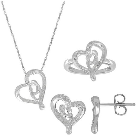 1/10 Carat T.W. Diamond Mother and Child Loving Heart Sterling Silver Earrings, Ring and Pendant Set, 18 Chain, 3-Piece