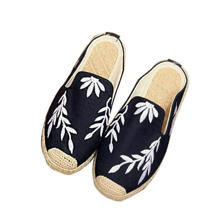 

Panda Superstore PL-CLO2229582011-KELLY02143-RP Womens Linen Backless Casual Embroidery Lazy Loafers Flat Sandals Black Size 38-39 M EU