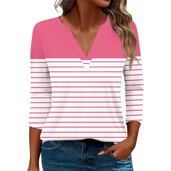Scyoekwg 3/4 Sleeve Shirts for Women V Neck Three-quarter Sleeve Tshirts Lightweight Striped Print Graphic Tee Comfy Blouse (Pink,M)