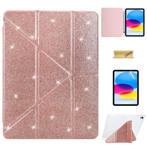 Dteck Case with Soft Screen Protector for  iPad 11-inch (A16) 2025 11th Gen,iPad 10th Gen Bling Glitter Leather Case Built-in Pencil Holder Shockproof TPU Stand Cover for iPad 11th/10th Gen,Rosegold