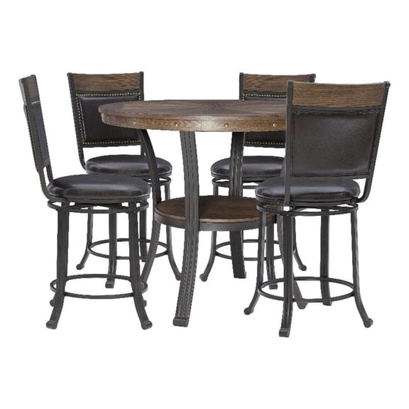 Linon Franklin Wood/Steel 5 Pce Faux Leather Counter Height Dining Set in Brown