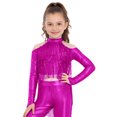 thumbnail image 5 of iiniim Girls Metallic Sequin Tassel Crop Top Cold Shoulder Cutout Back Long Sleeve Latin Jazz Dance Shirt Hot Pink 8, 5 of 7