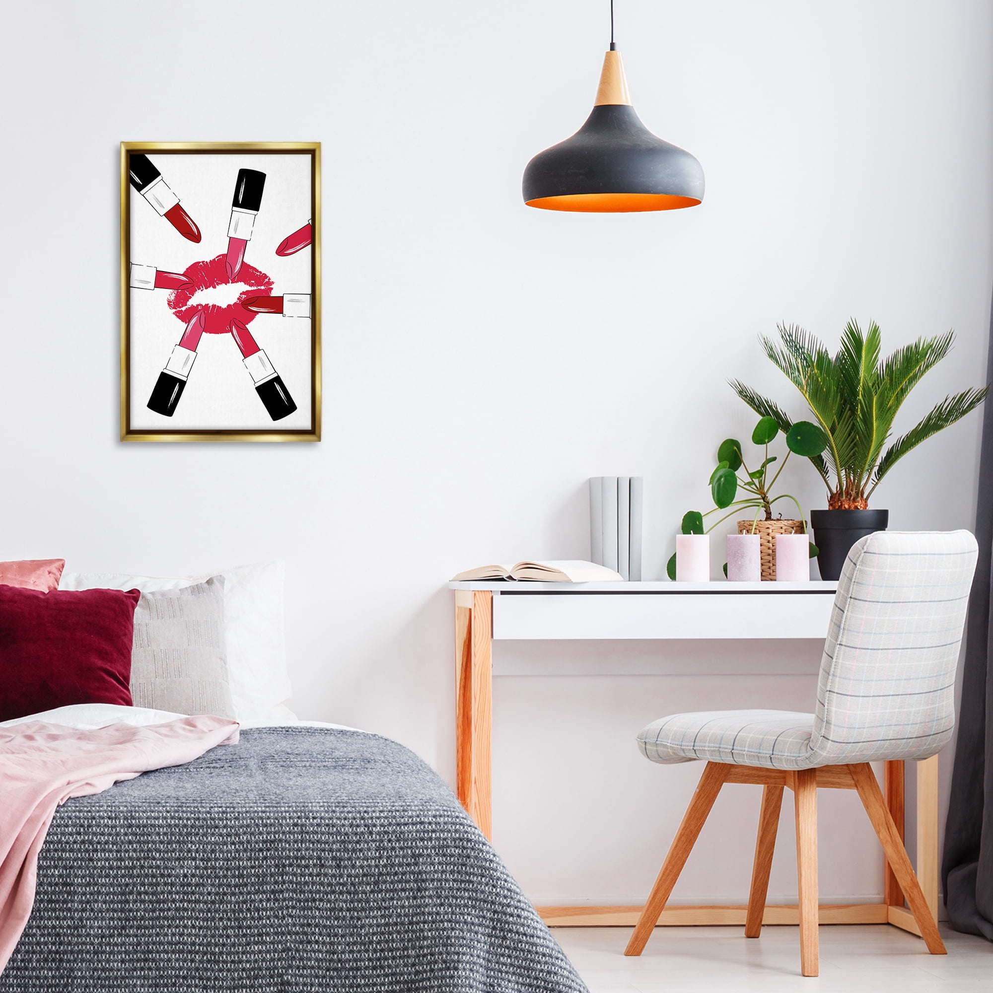Stupell Industries Lipsticks & Kiss Beauty & Fashion Painting Gold Floater Framed Art Print Wall Art, 17 x 25