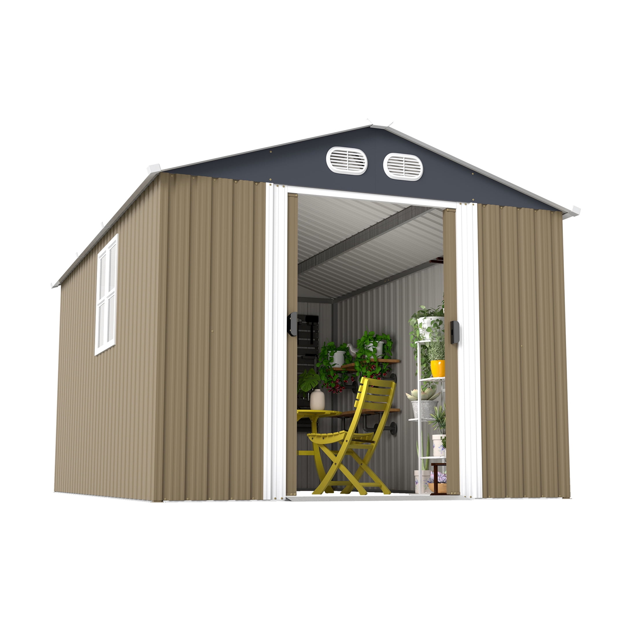 Noble House 8 x 12 FT Outdoor Metal Tool Storage Shed with Lockable Doors and Air Vents, Waterproof Garden Shed, Brown