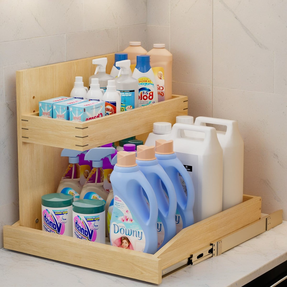 Under Sink Organizers and Storage 19½ W x 21 D 2 Tier Pull Out Cabinet Organizer with Hard Close Christmas Gift Adjustable Pull Out Cabinet organizer with U Bracket for Bathroom Kitchen Left