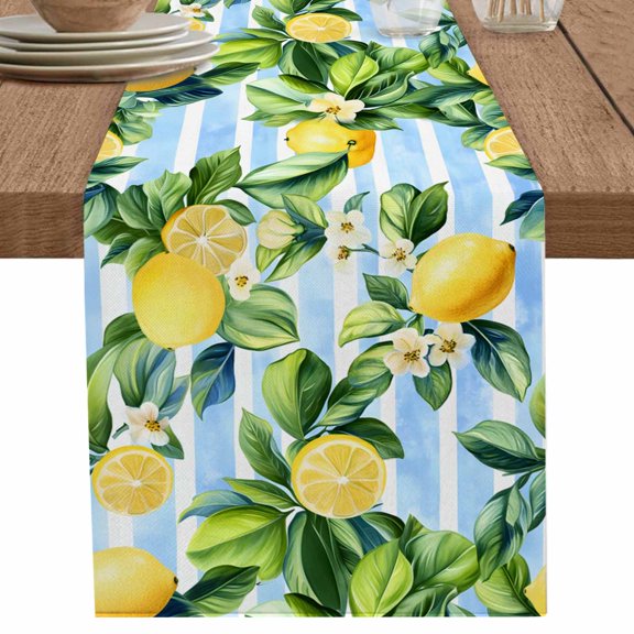 nqOlkjepod Summer Lemon Table Runner 108 Inches Long Farmhouse Dress Scarves, Watercolor Rustic Fruit Blue Striped Dining Tablerunner for Coffee Table/Kitchen Island/Party Décor, 13" x 108"