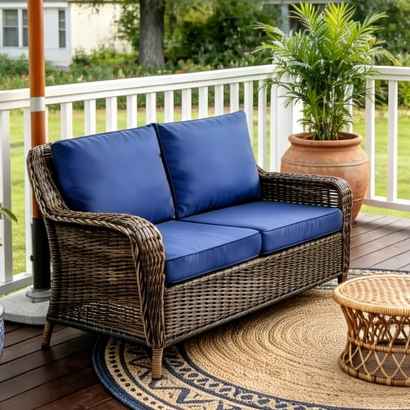 Krikacy Outdoor Patio Couch Wicker Loveseat 2-Seat Deep Seating Sofa For Apartment Backyard Poolside Poolside Garden,Navy Blue