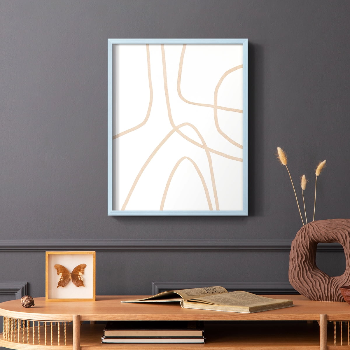 Clean Contour II Framed Print in Blue Solid Wood Framed Print No Nail Hanging