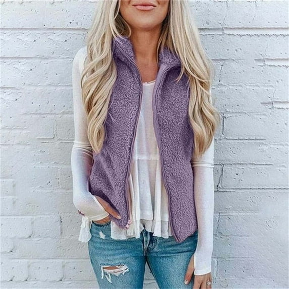 ERTUTUYI Women Pocket Zipper Solid Color Jacket Plush Sleeveless Lapel Vest Loose Coat Purple 4XL