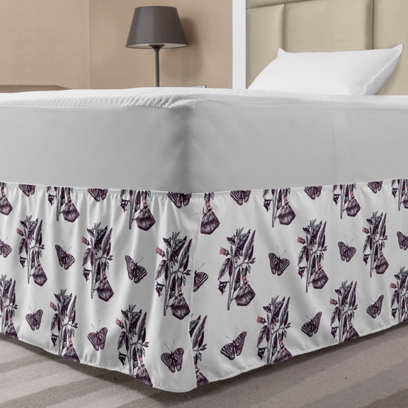 Entomology Bed Skirt, Detailed Poligonia Butterflies and Belladonna Flowers, Elastic Bedskirt Dust Ruffle Wrap Around for Bedding Decor, 4 Sizes, Eggplant Pale Seafoam, by Ambesonne