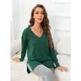 thumbnail image 3 of CALIPESSA Womens Green Knit Long Sleeve Soft V Neck Solid Side Split Sweater Pullovers, 3 of 5