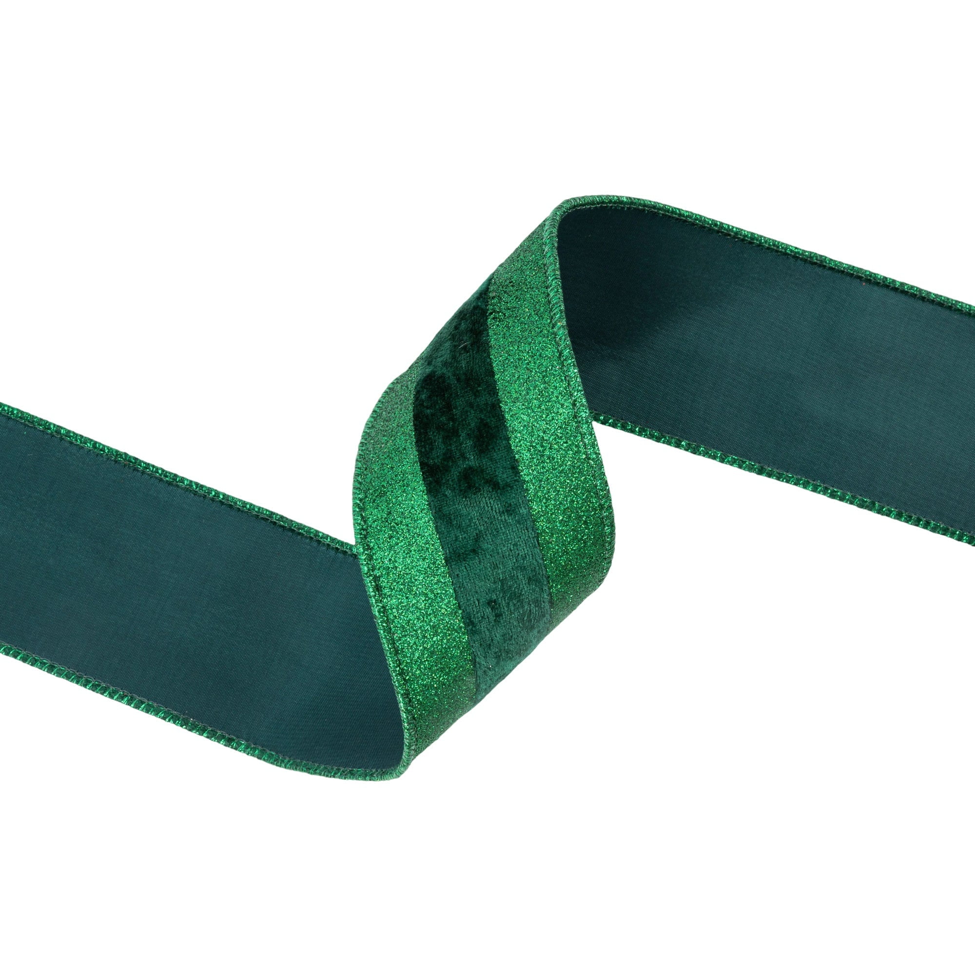 LaRibbons 2 1/2" Wired Ribbon, Green Glitter with Green Velvet Stripe, 10 Yard Roll