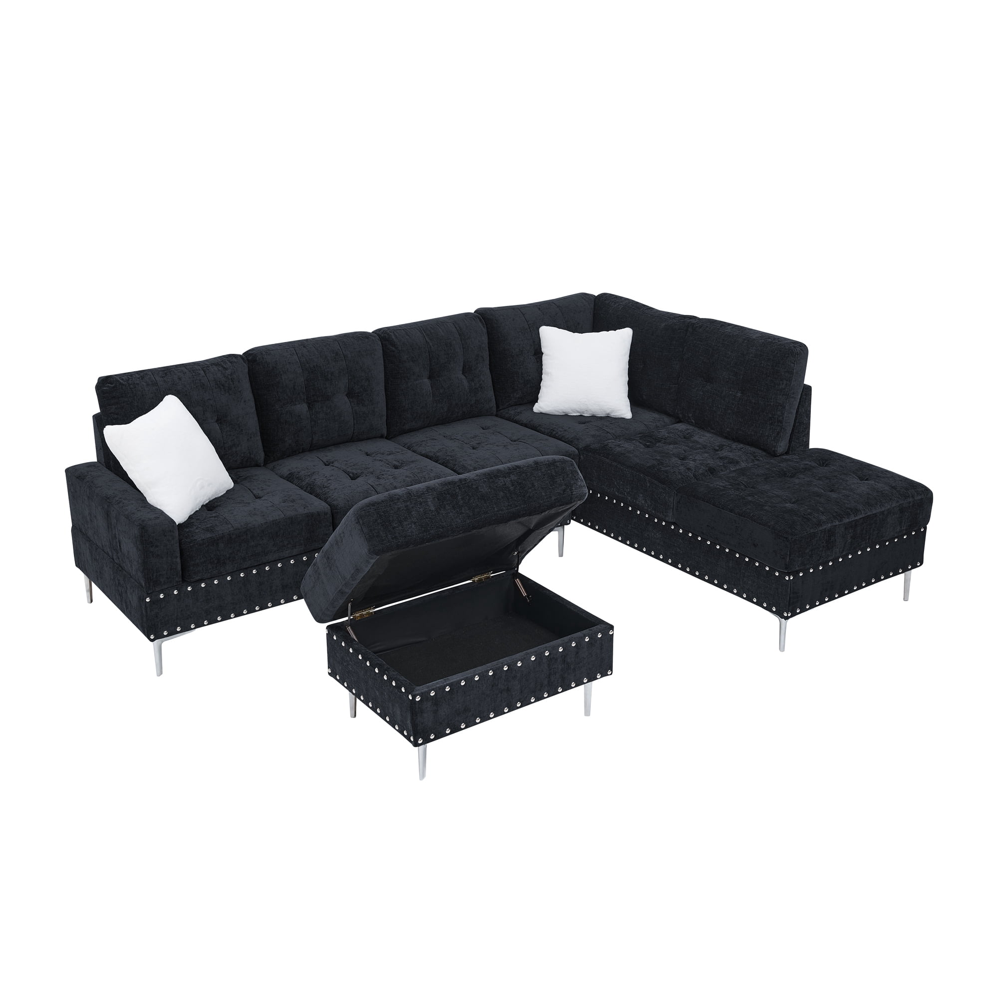 Leumius Modular Sectional Sofa with Chaise and Storage Ottoman,U/L Shaped Sectional Sofa with 2 Pillows,Modern Copper Nails Design Couch with Deep Seat and Thickened Cushion for Living Room,Navy Blue