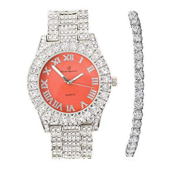 Women's Big Rocks Bezel Colored Dial with Roman Numerals Fully Iced Out Watch and Matching Beautiful Sparkling Tennis Bracelet Set - ST10327LA (TLA Silver - Peach)