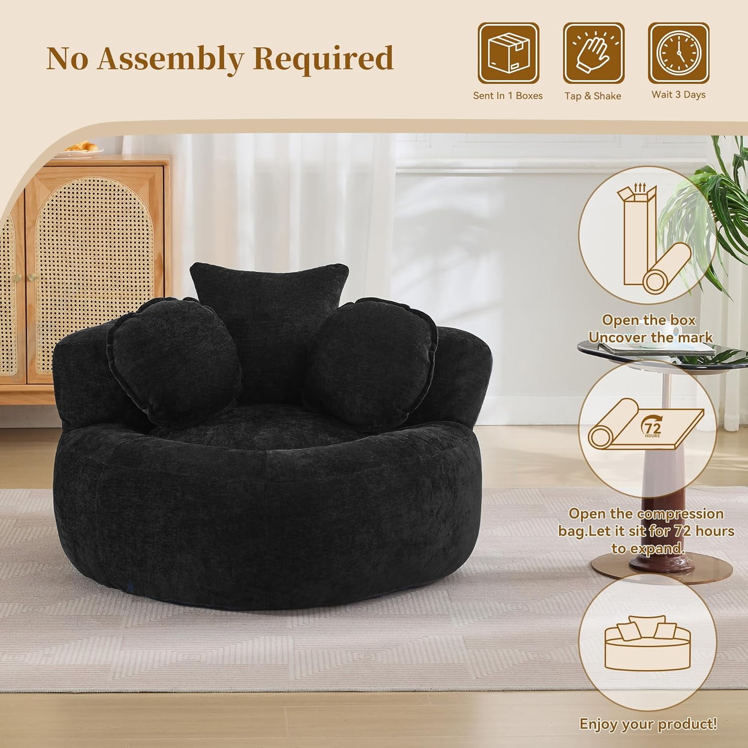 43'' Round Oversized Chaise Lounge Indoor Chair, No Assembly Chenille Compressed Circle Sofa Bed,Comfy Upholstered Sleeper Couch,Lazy Bean Bag Couch for Living Room, Bedroom,Black