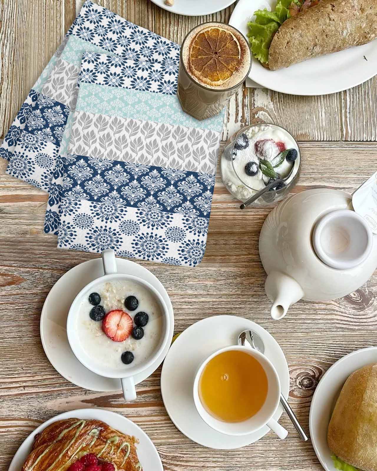 Boho Blue Aqua Kitchen Dish Towels for Drying Dishes Set of 4, Geometric Stripes Tribal Bohemia Retro Waffle Weave Microfiber Terry Hand Tea Bathroom Towels Quick Dry & Absorbent Towel 15.7x23.6