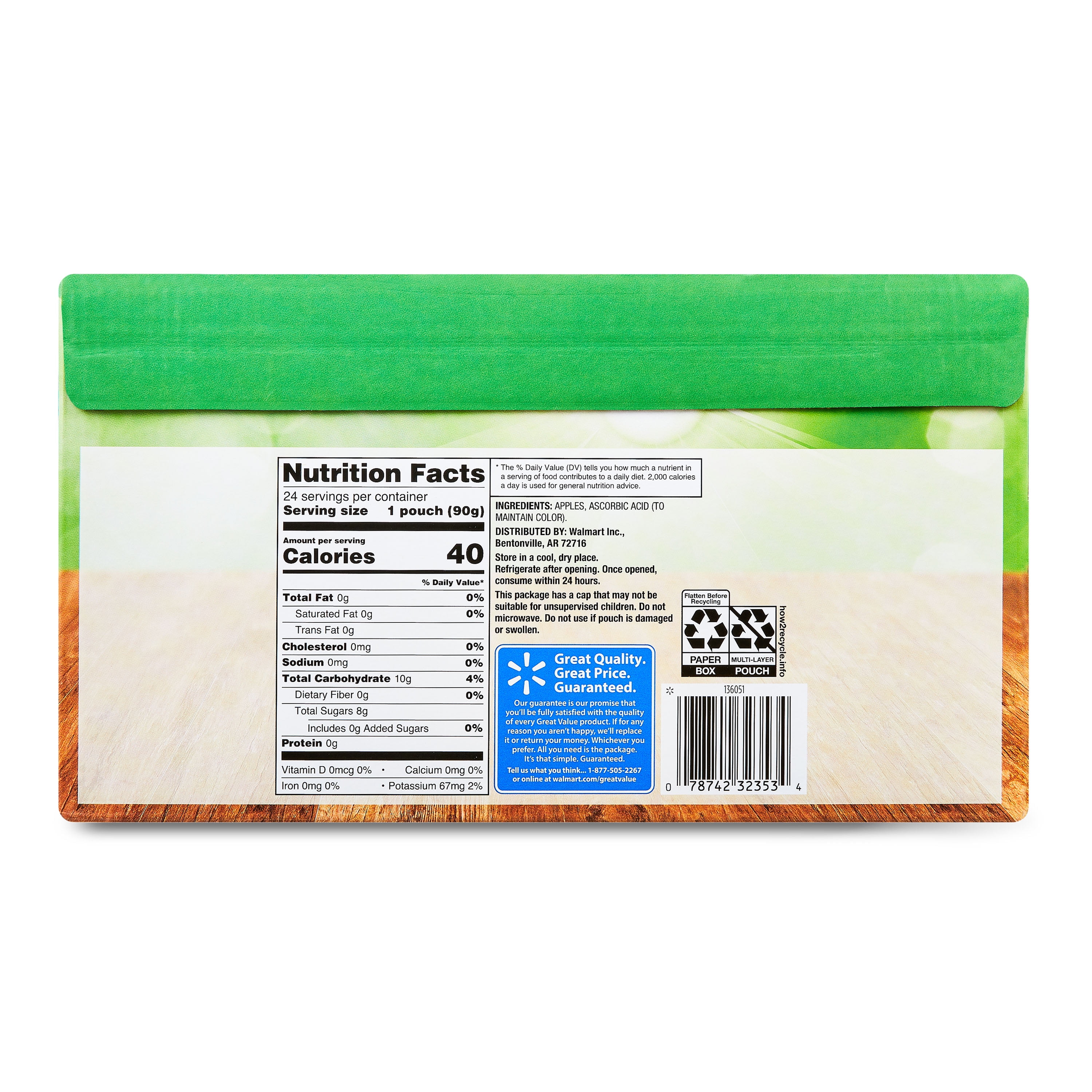 Great Value Unsweetened Applesauce, 3.2 oz, 24 Pouches