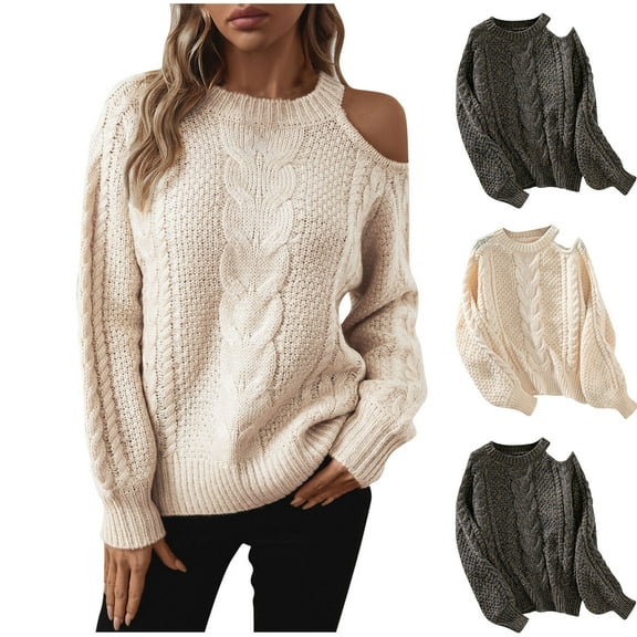 Fartey Womens Cold Shoulder Sweaters Soft Cozy Cable Knit Pullover Sweater Looose Fit Crew Neck Long Sleeve Sweater Fashion Fall Winter Going Out Jumper Tops Dark Gray XL