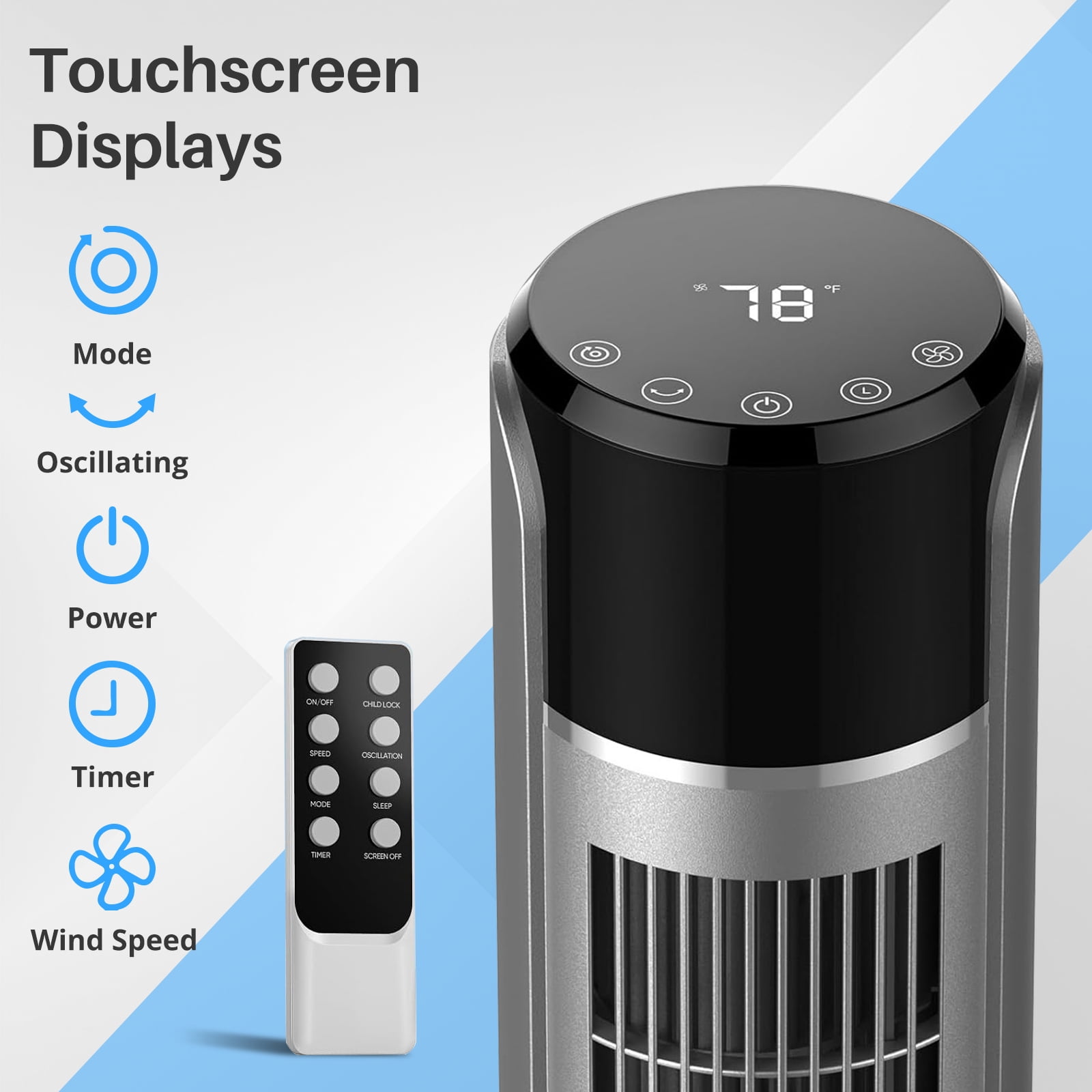 Tower Fan for Home, 36" Standing Floor Fan with Remote, Bladeless Fan Cold Air Quiet, 5 Speeds, 4 Modes, LED Display, Gray
