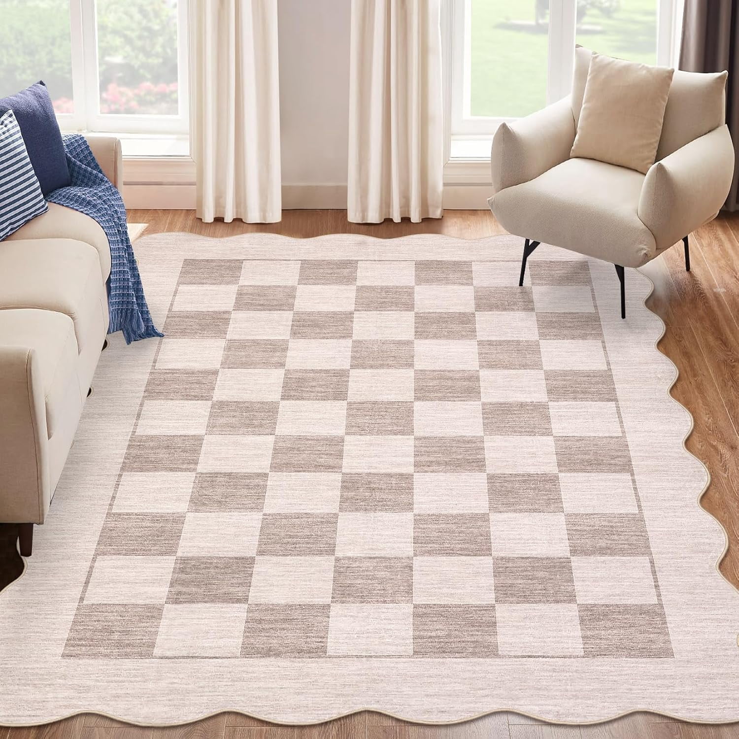 IdealHouse 8'x10' Washable Kitchen Rug, Non-Slip Low Pile Scalloped Checkerboard Farmhouse Entryway Mat, Soft Neutral Area Rug, Beige