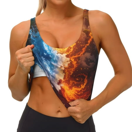 Qokaie Red And Blue Flame Waves Pattern Womens Scoop Neck Sports Bra Breathable Workout Vest Padded U Back Medium Impact Fitness Gym Yoga Bra Workout Crop Top