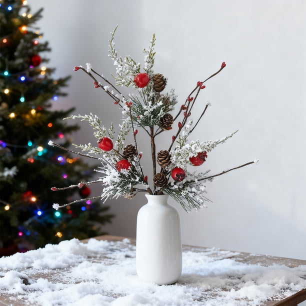 Plastic Christmas Flower Bouquet with Red Berries and Green Leaves for Holiday Party and Home Decor