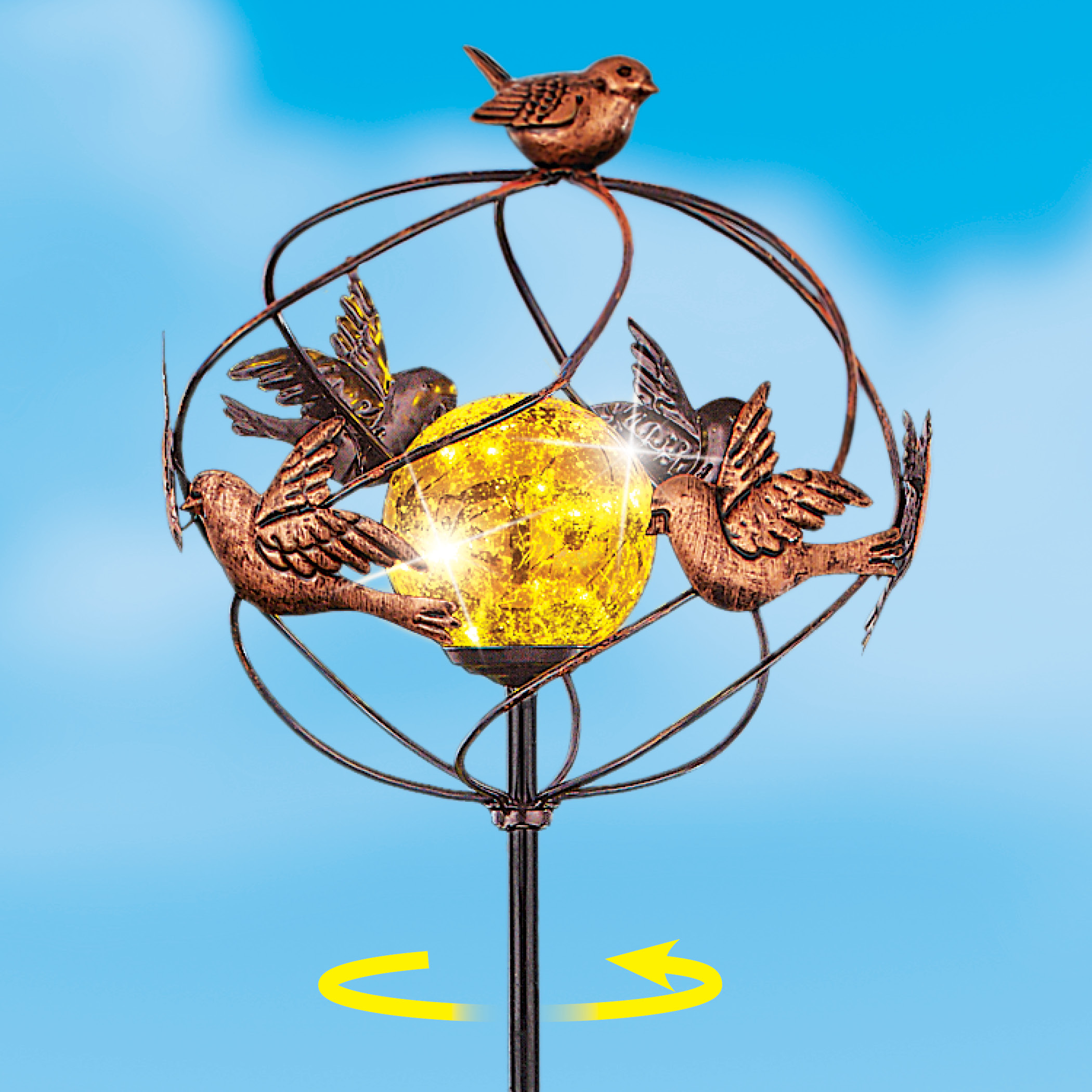 Charming SolarPowered Copper Colored Bird Spinner Garden Stake with