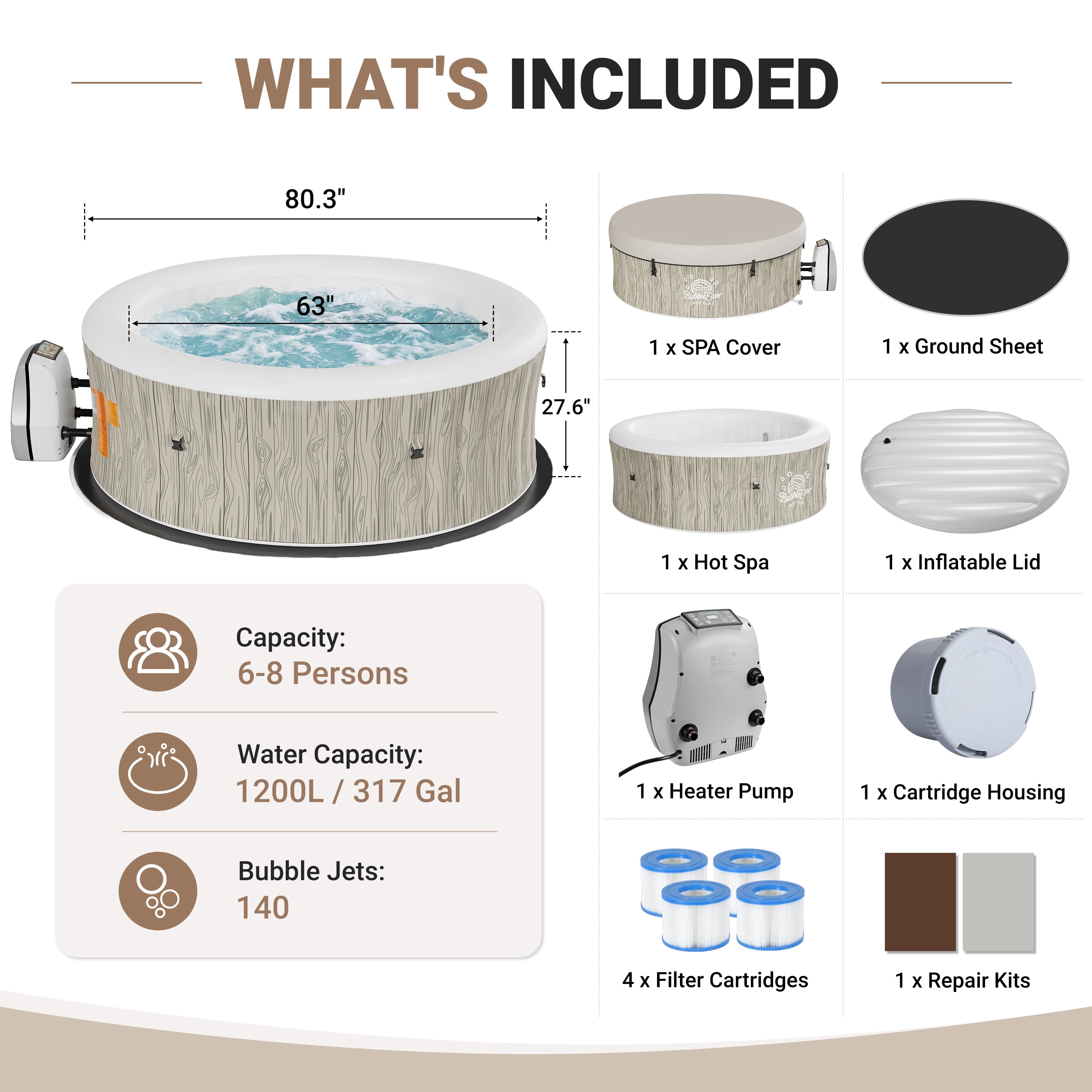 Segmart 6-8 Person Inflatable Hot Tub, 80-inch Round Outdoor Portable Spa with 140 Bubble Jets, Heating & Filtration System, 104°F Max Temp, Backyard Blow up Hot Tub with Cover, Easy-Setup