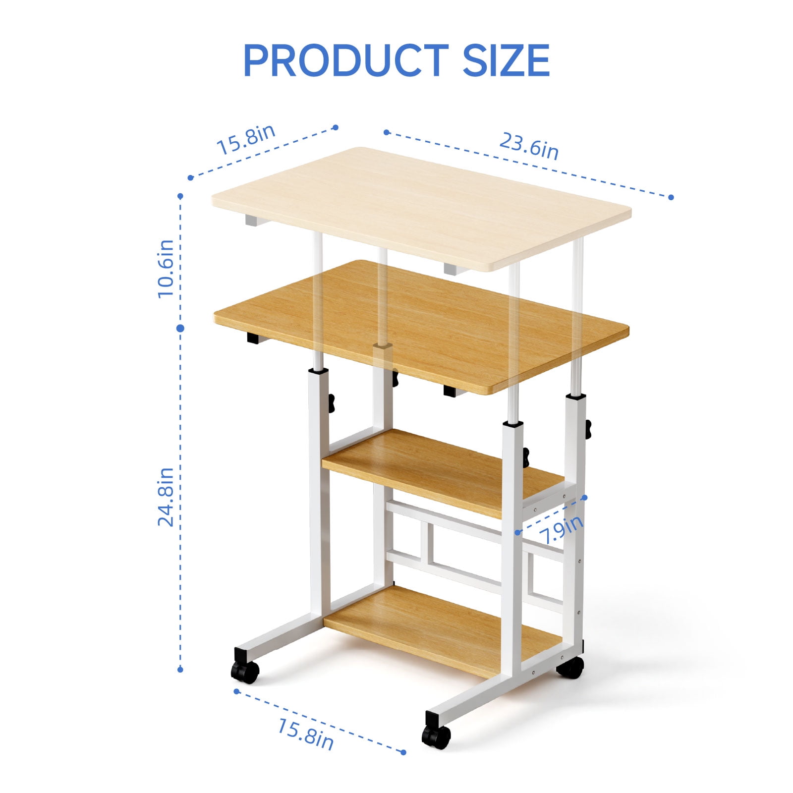 Furnibear Portable Rolling Desk on Wheels, Height Adjustable Desk with 2 Tier Storage Shelves, Standing Table for Office, Natural Color