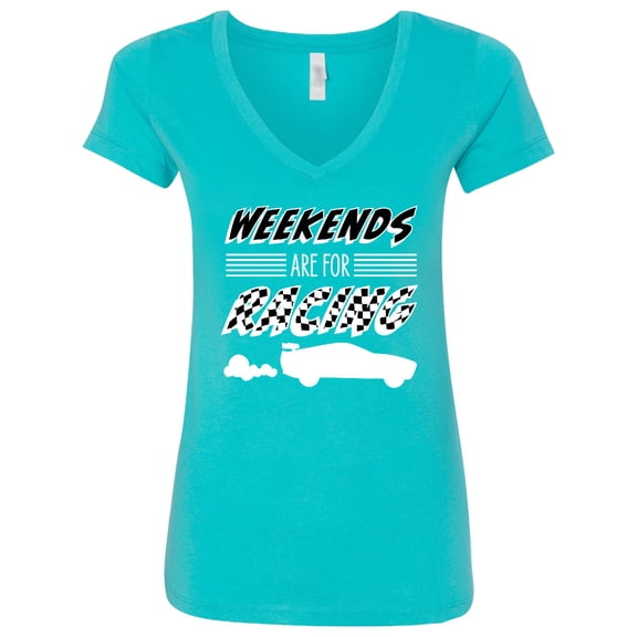 Inktastic Weekends Are for Racing Race Car Silhouette and Racing Flag Women's V-Neck T-Shirt