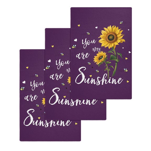 Purple Sunshine Sunflower Kitchen Dish Towels for Drying Dishes Set of 3, Pastoral Bees Farmhouse Floral Waffle Weave Microfiber Hand Tea Bathroom Towels Quick Dry & Absorbent Towel 15.7x23.6