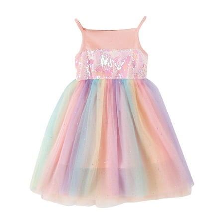 

CLZOUD Dress for Little Girls Pink Cotton Blend Toddler Girls Sleeveless Paillette Rainbow Tulle Suspenders Princess Dress Clothes 110