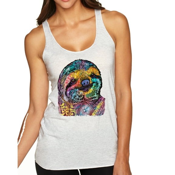 Wild Bobby, Funny Neon Sloth | Dean Russo Art Animal Lover Tri-Blend Racerback Sleeveless Top, Heather White, XL