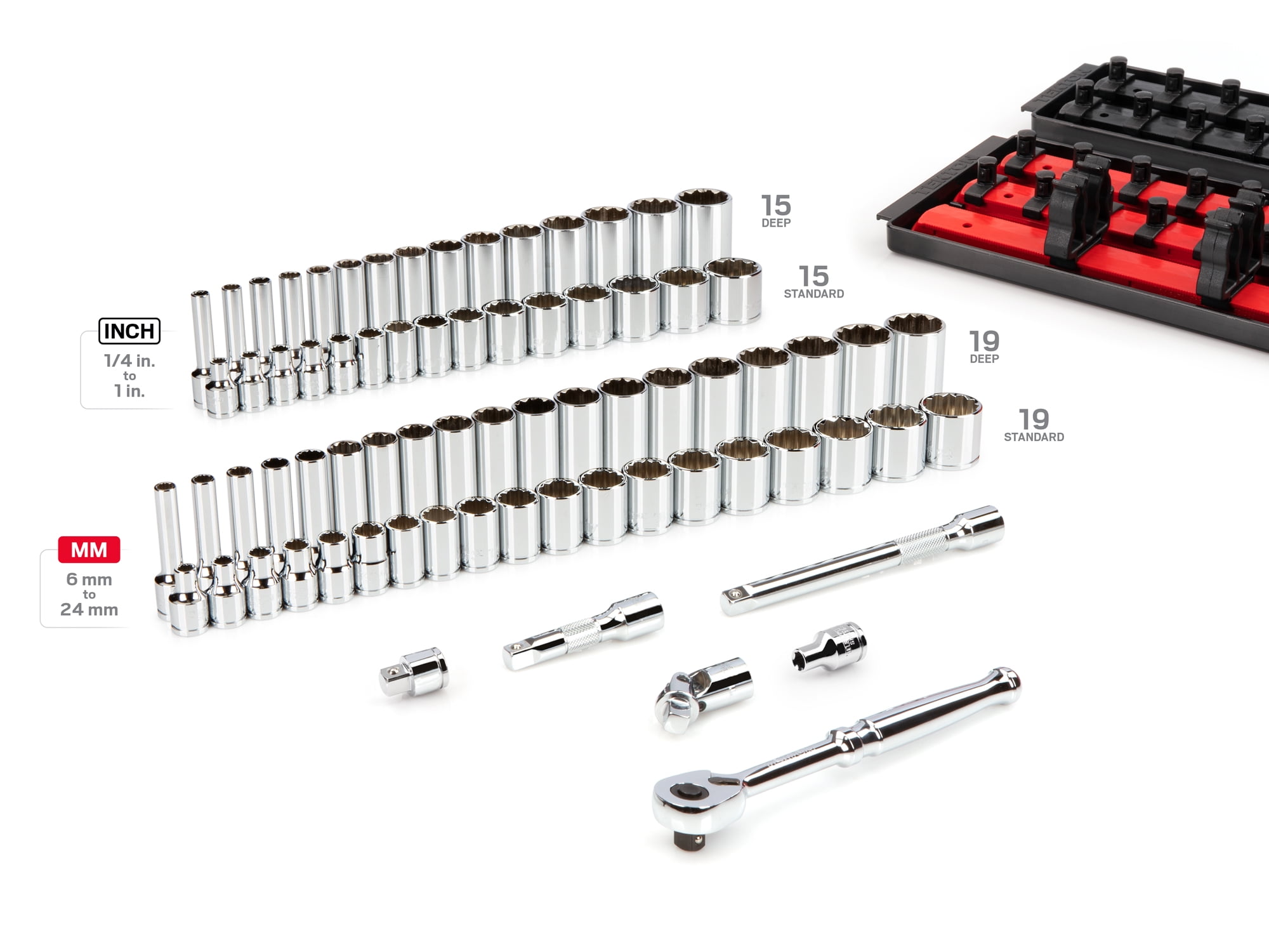 TEKTON 3/8 Inch Drive Shallow and Deep 12-Point Socket and Ratchet Set with Rails and Trays, 74-Piece (1/4 - 1 in., 6 - 24 mm) | SKT13302
