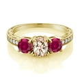 thumbnail image 2 of Gem Stone King 2.77 Ct Oval Peach Morganite Red Created Ruby 18K Yellow Gold Plated Silver Moissanite Ring (Size 9), 2 of 4