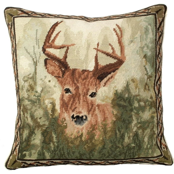 Throw Pillow Needlepoint Stag in Forest 18x18 Cotton Velvet Wool New Zippe MH-43