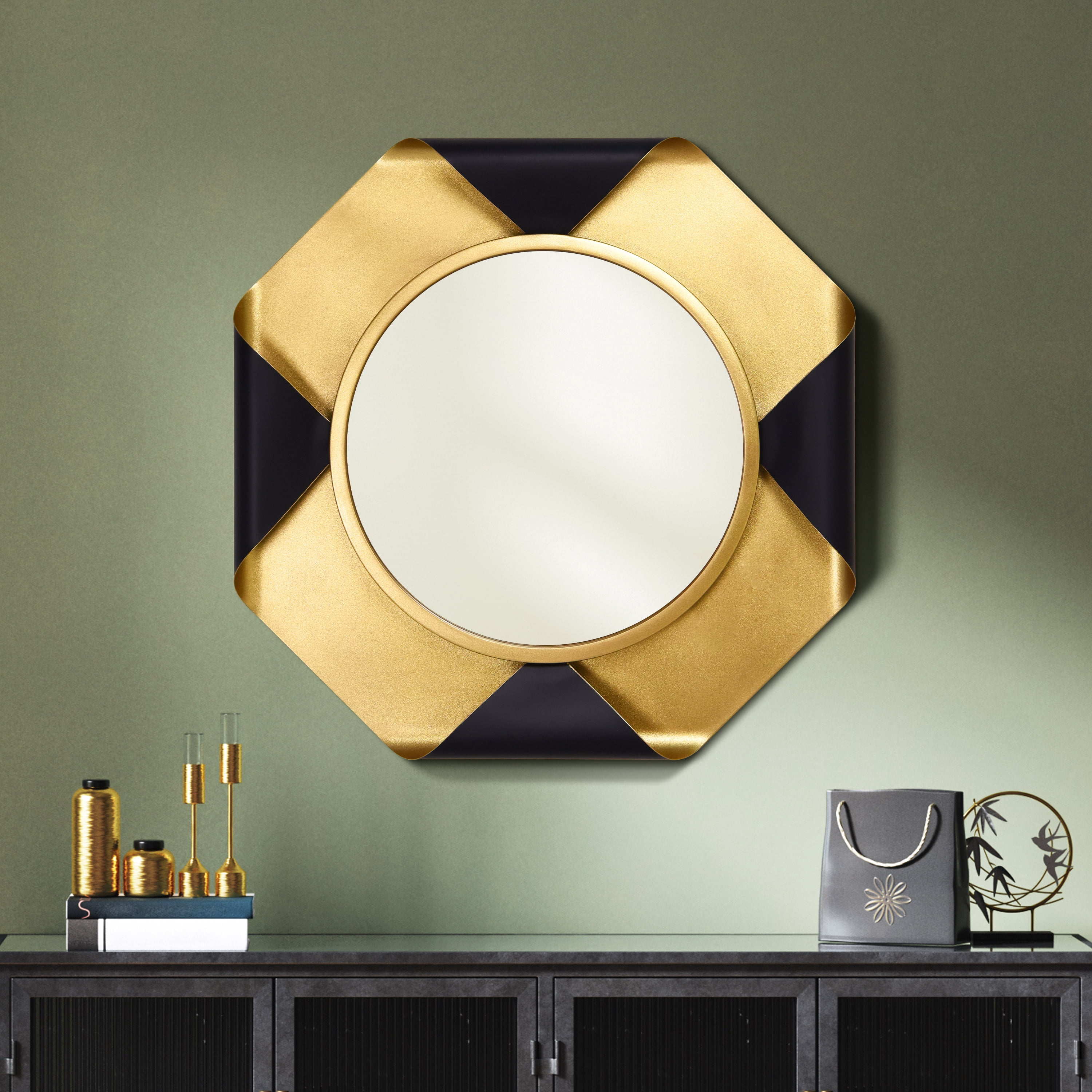 Round Wall Mirror on Gold Foiled Octagon with Curled Metal Frame