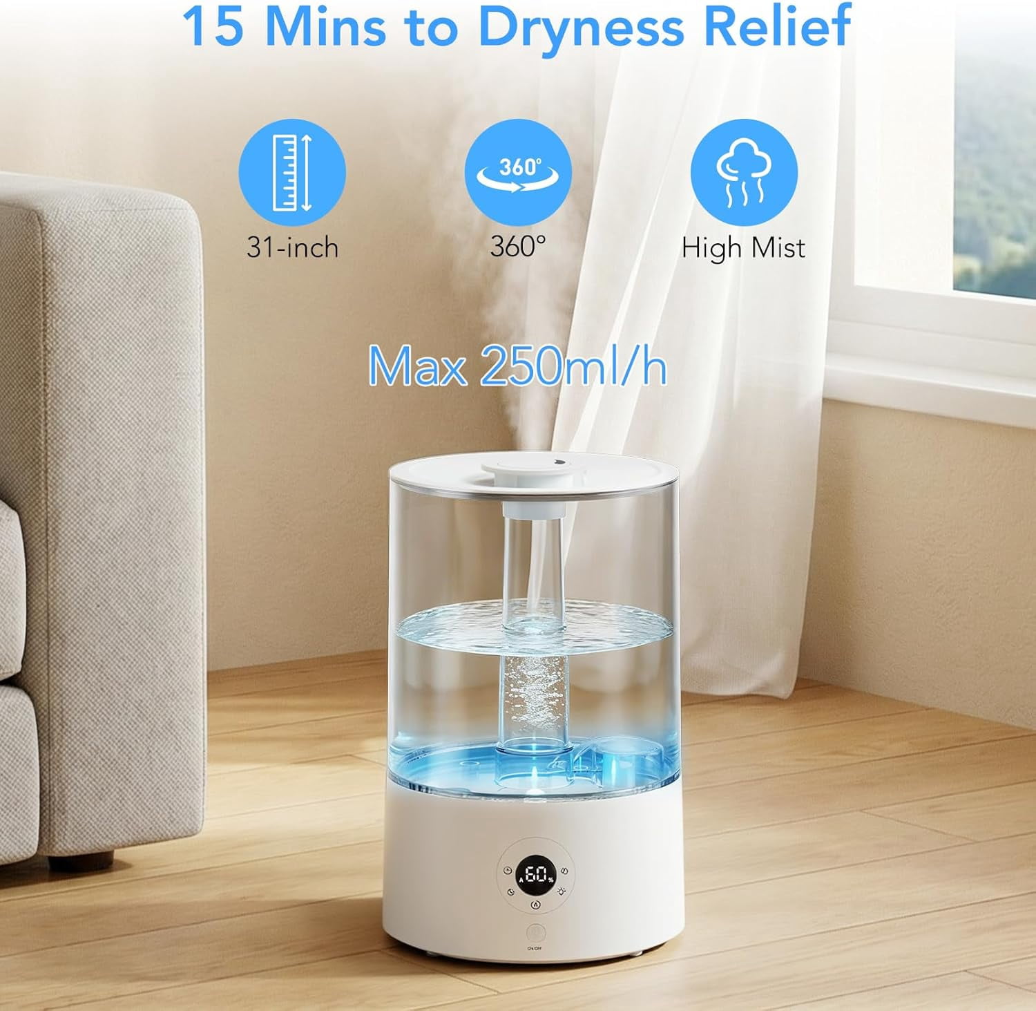 4L Top Fill Humidifier for Bedroom, Auto Constant Humidity, Smart Control, Quiet Ultrasonic Cool Mist, 360° Nozzle, 3 Mist Levels, 7-Color Light for Home Office Baby Room