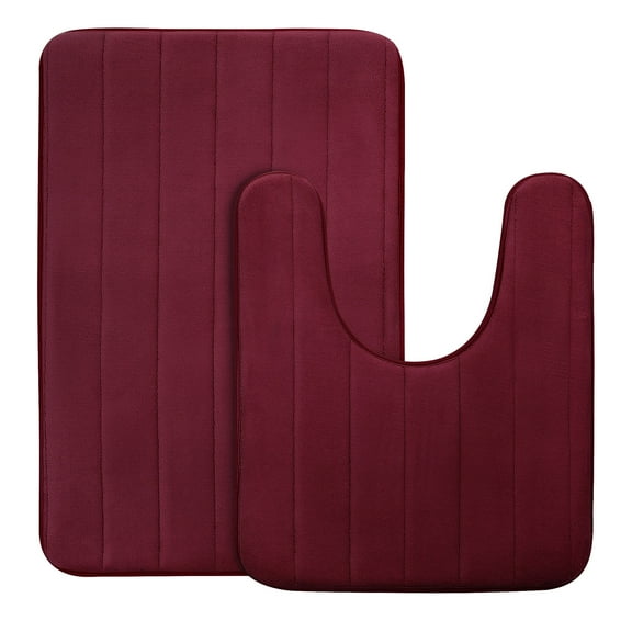 PiccoCasa Memory Foam Bath Rug Set for Bathroom, 2 Piece Set Includes Bath Rug 32"x 20", U-Shaped Toilet Floor Mat 24"x 20", Burgundy