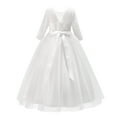thumbnail image 3 of IBTOM CASTLE Flower Girls 3/4 Sleeve Deep V-Back Tulle Vintage Lace Wedding Party Long Dress Formal Princess Communion Pageant Maxi Gown 7-8 Years White, 3 of 8